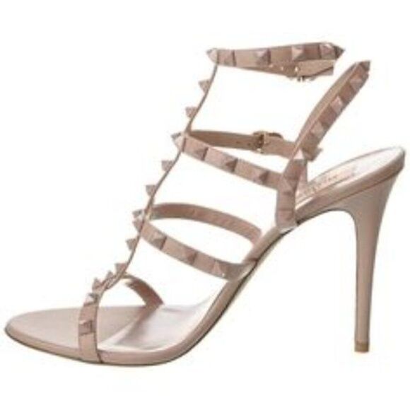Valentino Garavani Poudre tan nude blush Rockstud T-Strap Sandal tonal heels 38 - Picture 3 of 15